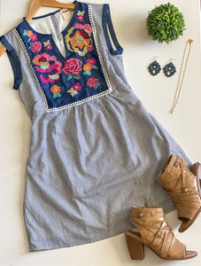 Friendly Floral Striped Embroidery Dress