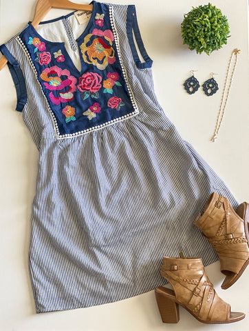 Friendly Floral Striped Embroidery Dress