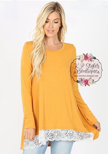 Swayed With Lace Mustard Long Sleeve Top