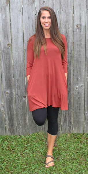 Love Begins Rust 3/4 Sleeve Tunic Dress