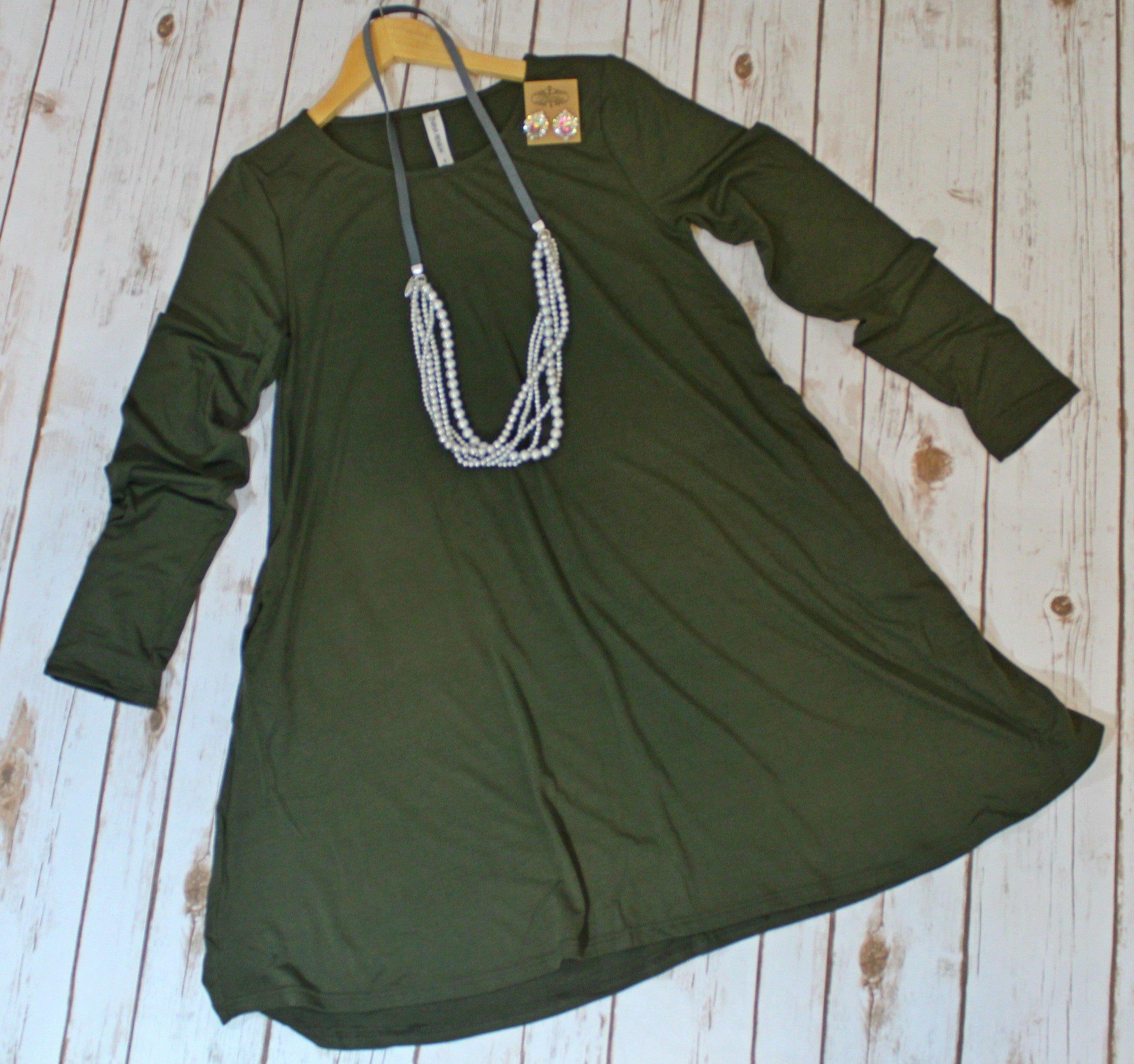 Simple Style Army Green Long Sleeve Tunic Dress