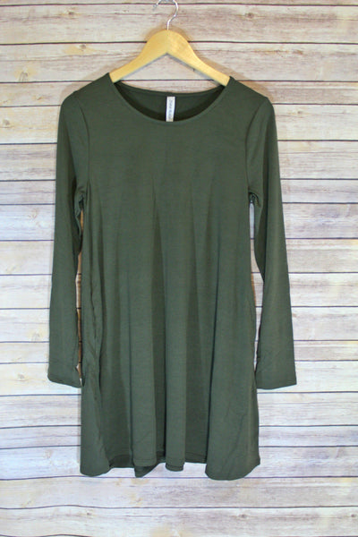 Simple Style Army Green Long Sleeve Tunic Dress