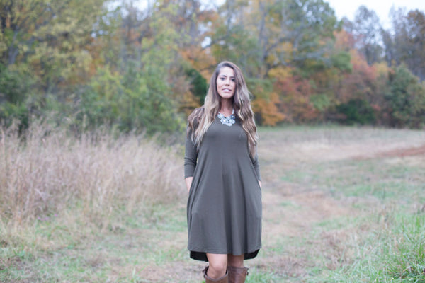 Love Begins Olive 3/4 Sleeve Tunic Dress