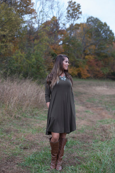 Love Begins Olive 3/4 Sleeve Tunic Dress