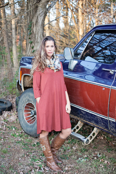 Love Begins Rust 3/4 Sleeve Tunic Dress