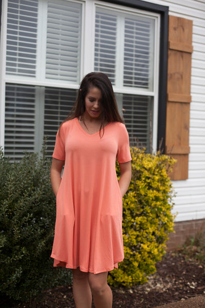 Tried & True Deep Coral Vneck Tunic Dress