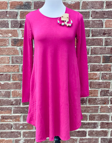 Simple Style Magenta Long Sleeve Tunic Dress