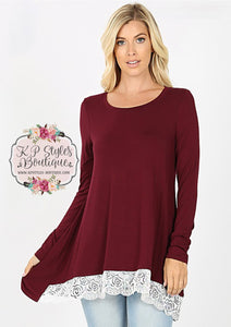 Swayed With Lace Burgundy Long Sleeve Top