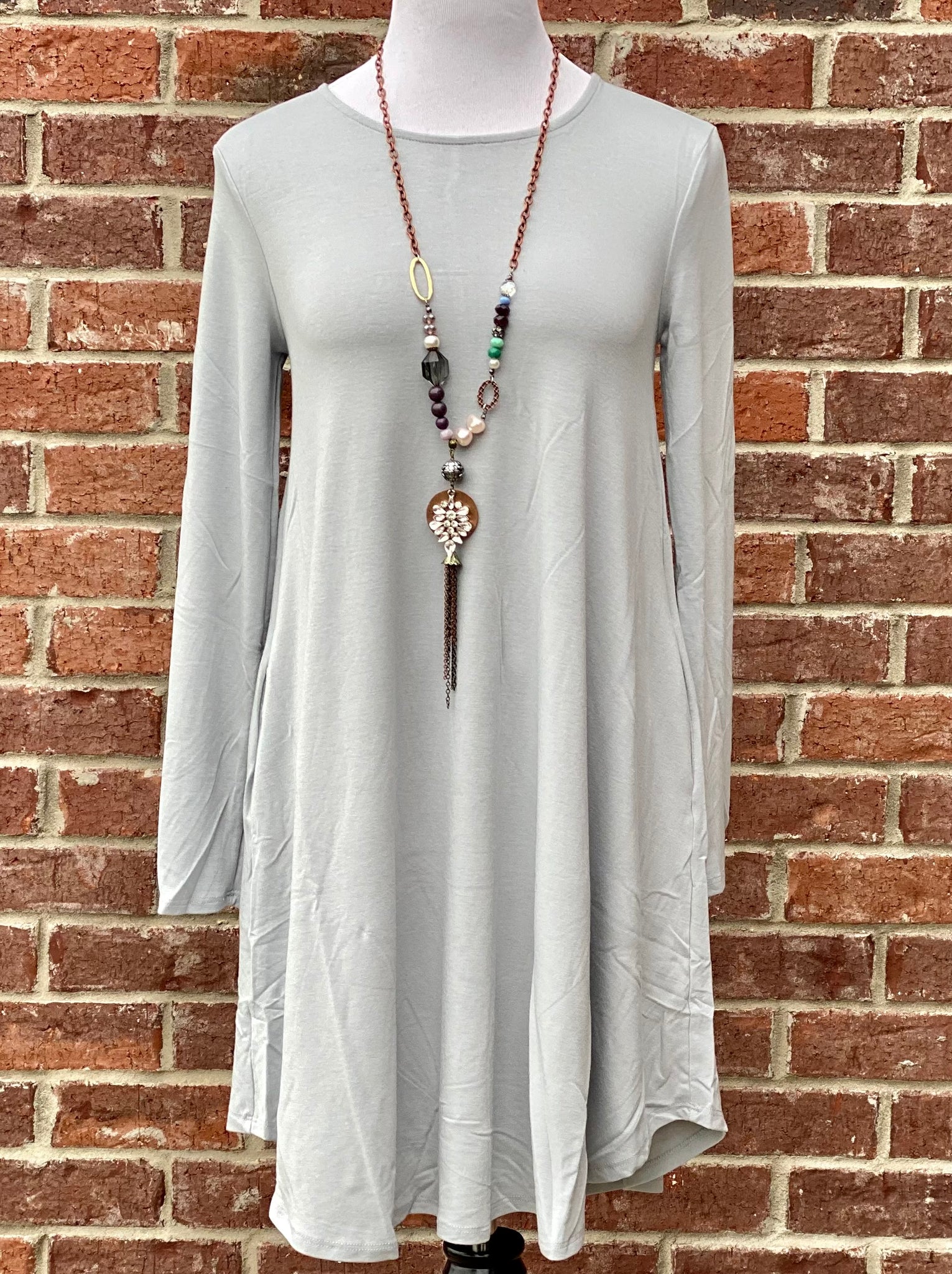 Simple Style Light Grey Long Sleeve Tunic Dress