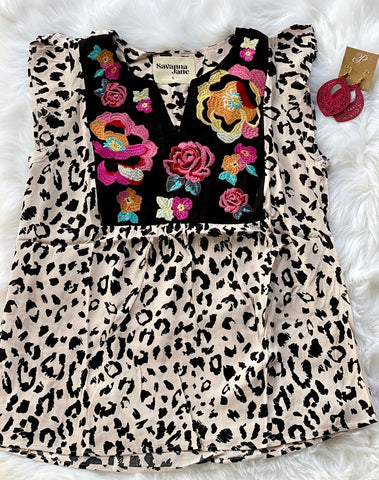 Floral Leopard Embroidered Top