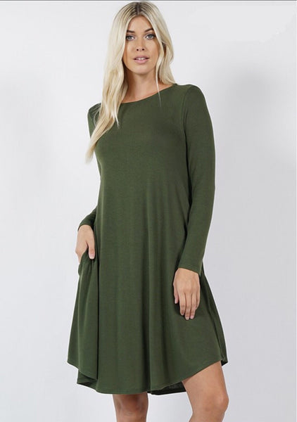 Simple Style Army Green Long Sleeve Tunic Dress