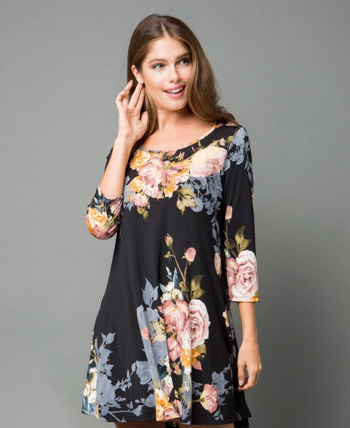 Blessed By You Black Floral Tunic Dress