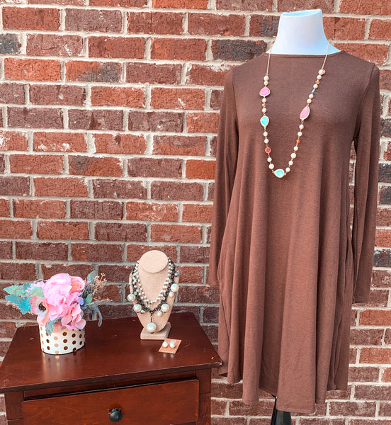 Simple Style Brown Long Sleeve Tunic Dress