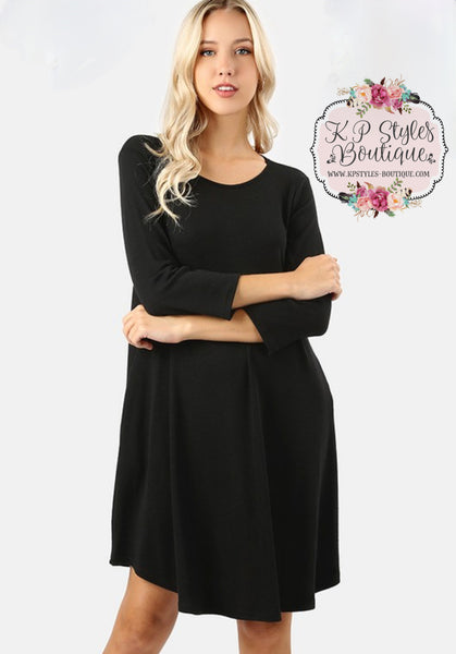 Love Begins Black 3/4 Sleeve Tunic Dress