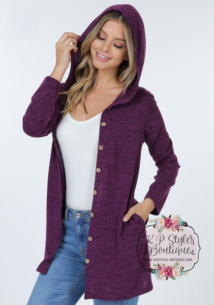 Bonfire Kinda Night Eggplant Hooded Cardigan