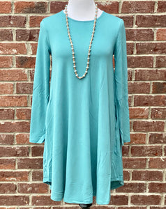 Simple Style Dusty Teal Long Sleeve Tunic Dress