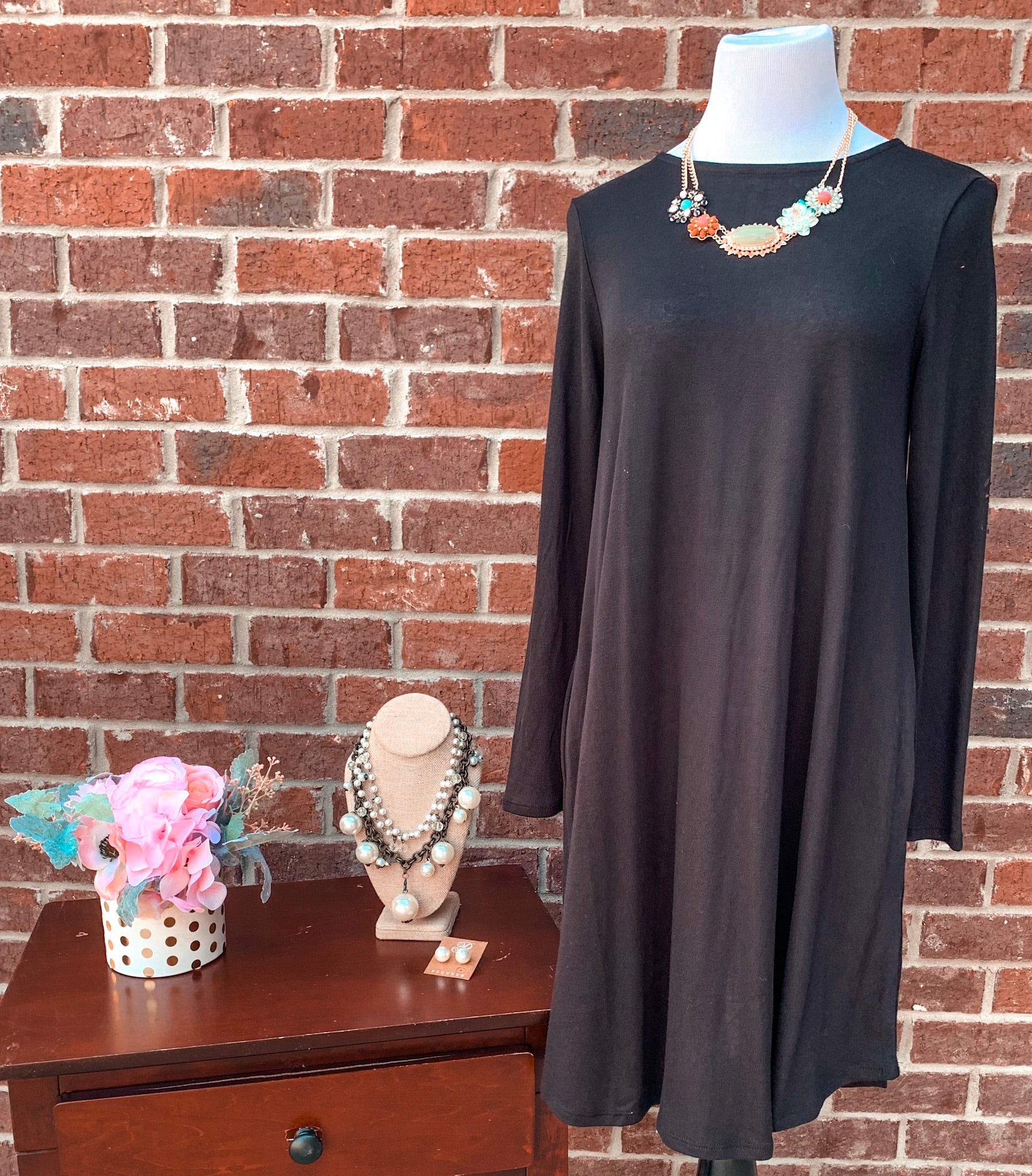 Simple Style Black Long Sleeve Tunic Dress