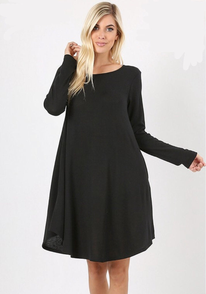 Simple Style Black Long Sleeve Tunic Dress