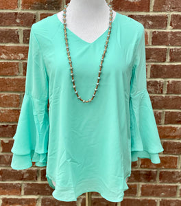 Mint Dobby Double Layer Bell Sleeve Top