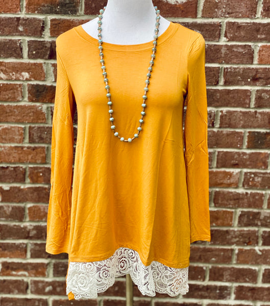 Swayed With Lace Mustard Long Sleeve Top